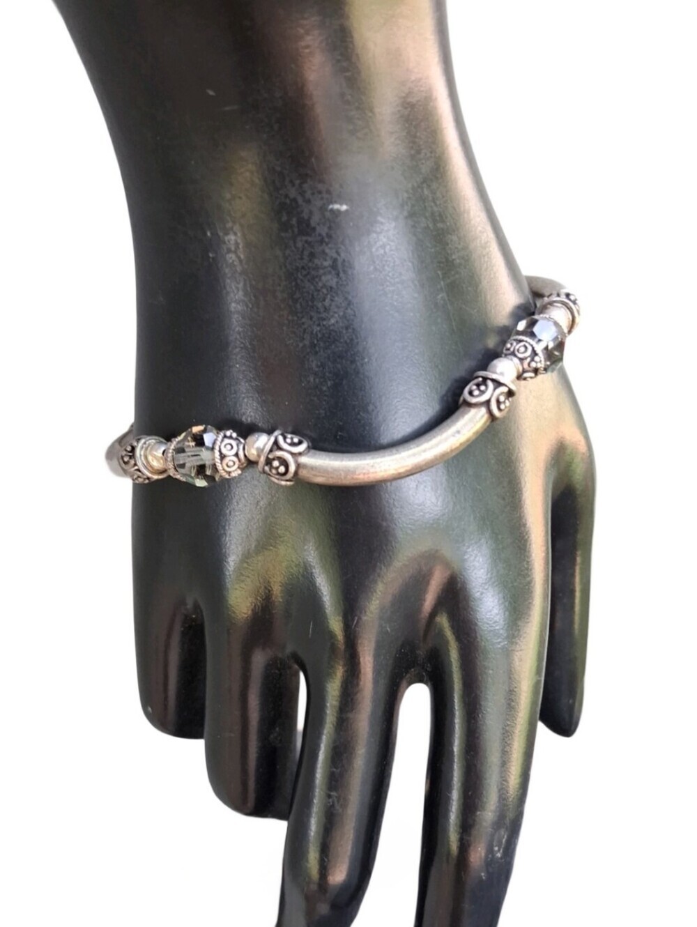 Vintage Bali Style Antique Silver Curved Bar Faceted Grey Crystal Clasp Bracelet